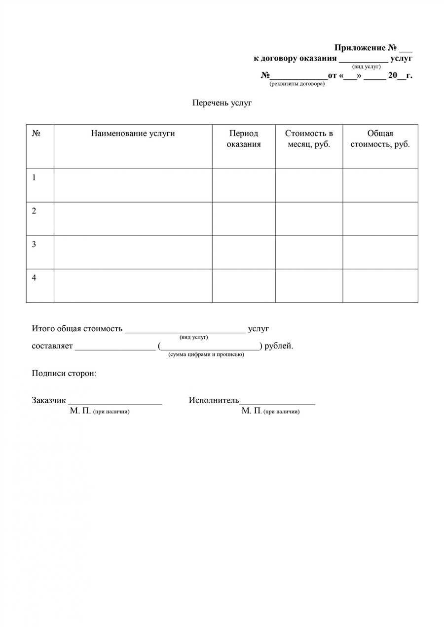 Образец приложения к договору на оказание услуг для вашего бизнеса